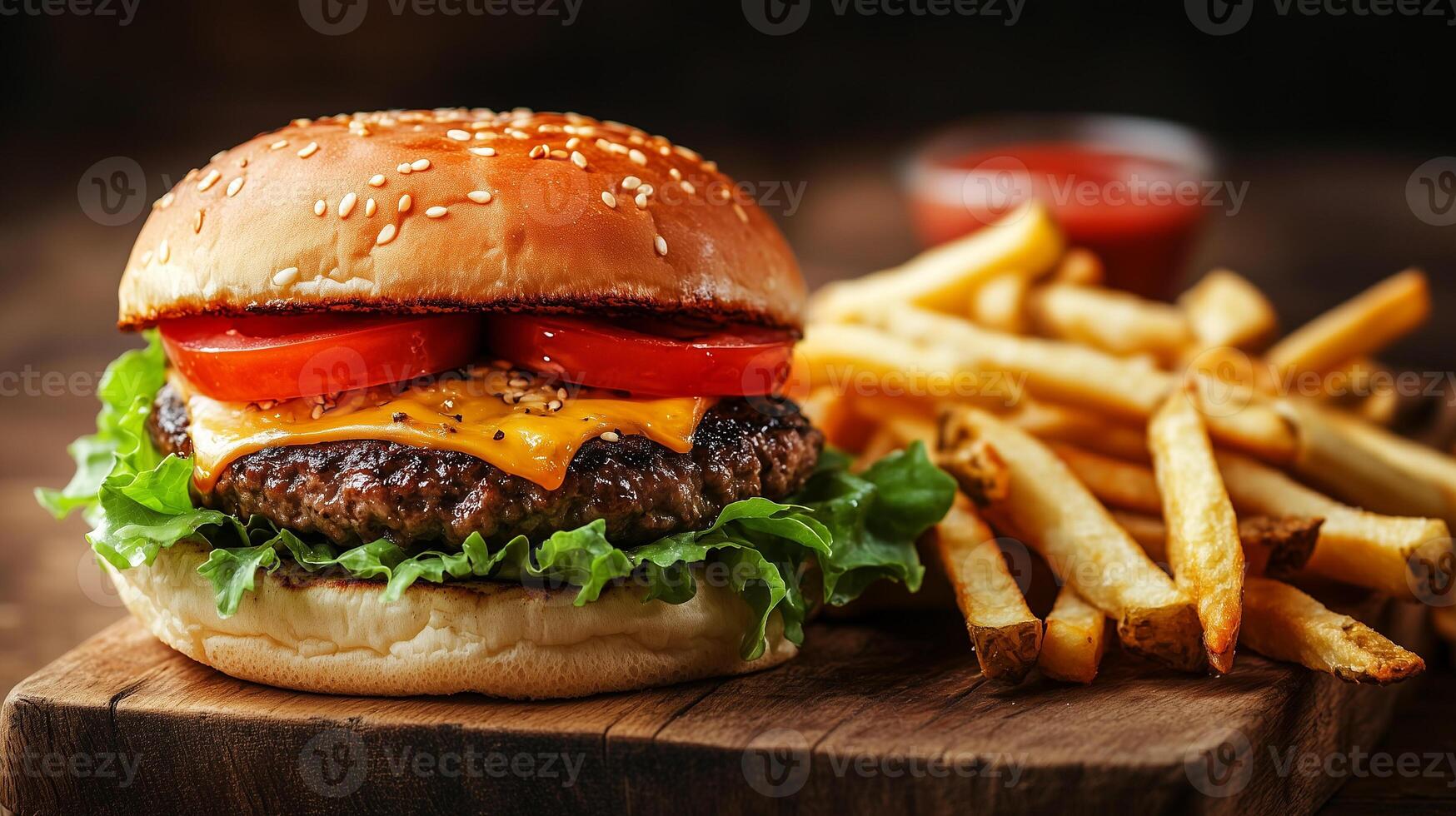 Beef burger with lettuce, tomato, and cheese on a bun with fries, meal photography photo