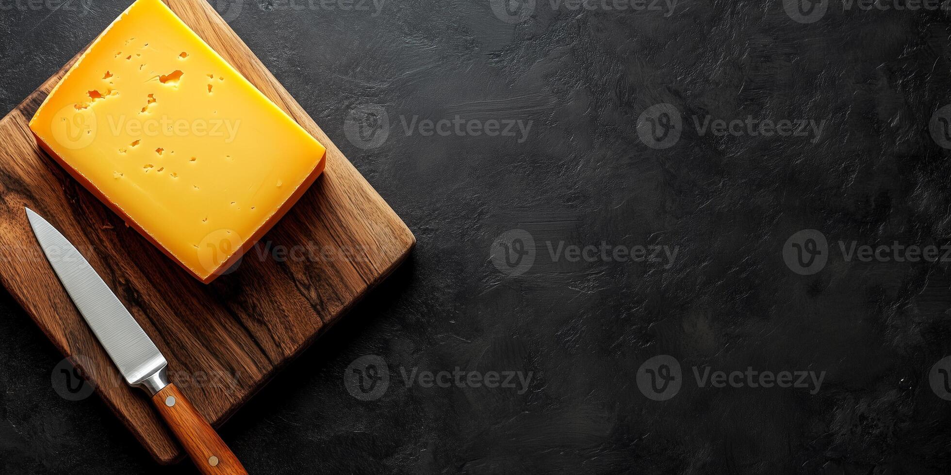 Block of cheddar cheese on cutting board with knife beside it, meal photography photo