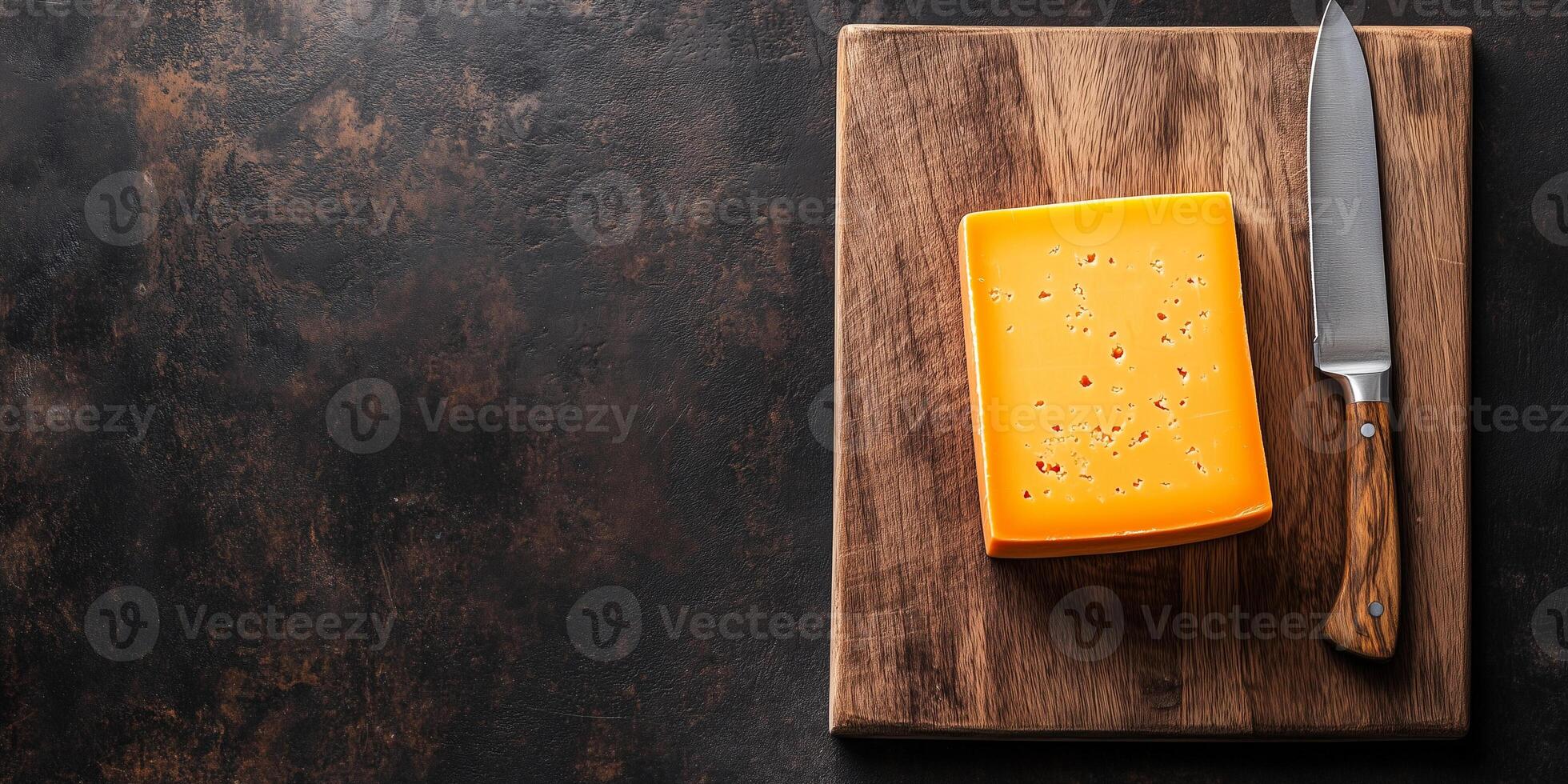 Block of cheddar cheese on a wooden cutting board with a knife beside it, food setting photo