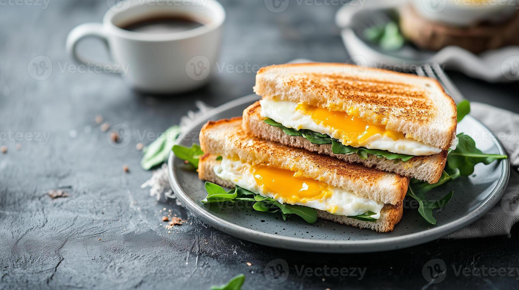 Breakfast plate with an egg and cheese sandwich cut in half, food setting photo