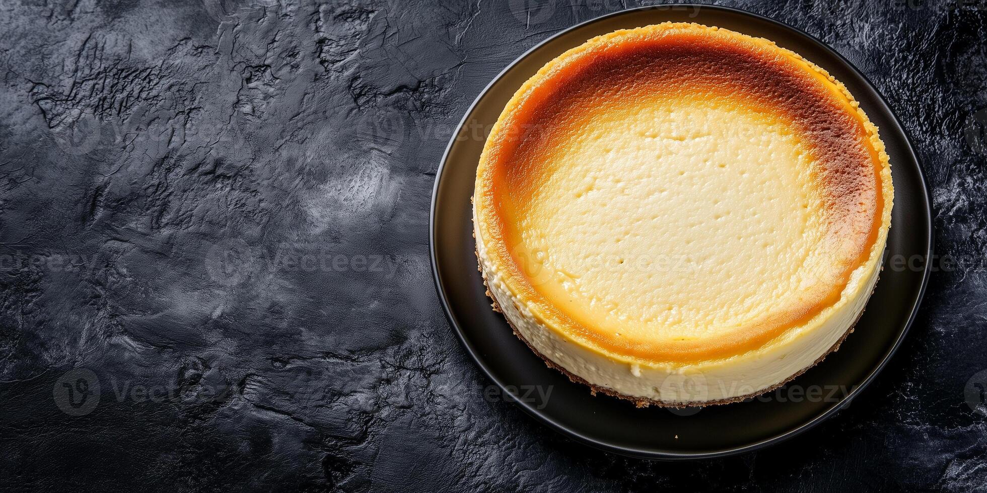 Cheesecake with an even top presented on a flat round plate, meal photography photo