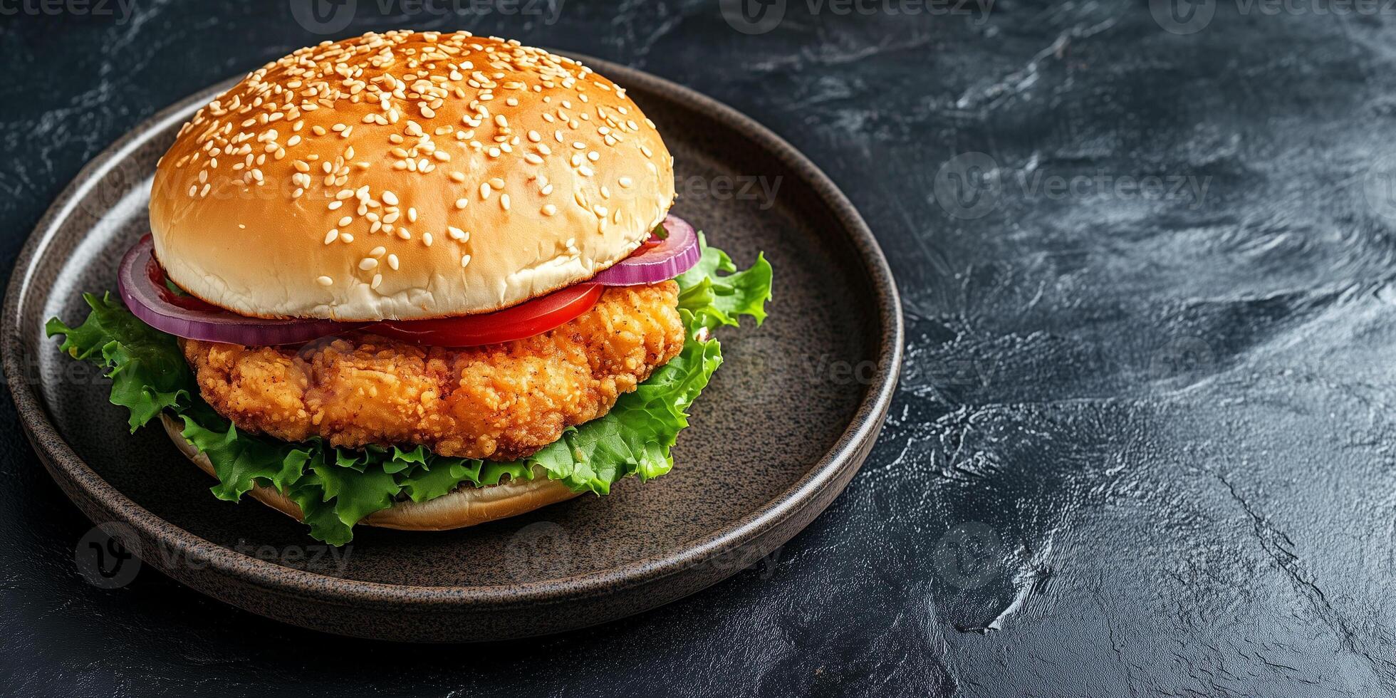 Chicken sandwich on a round plate, positioned in the middle, meal photography photo