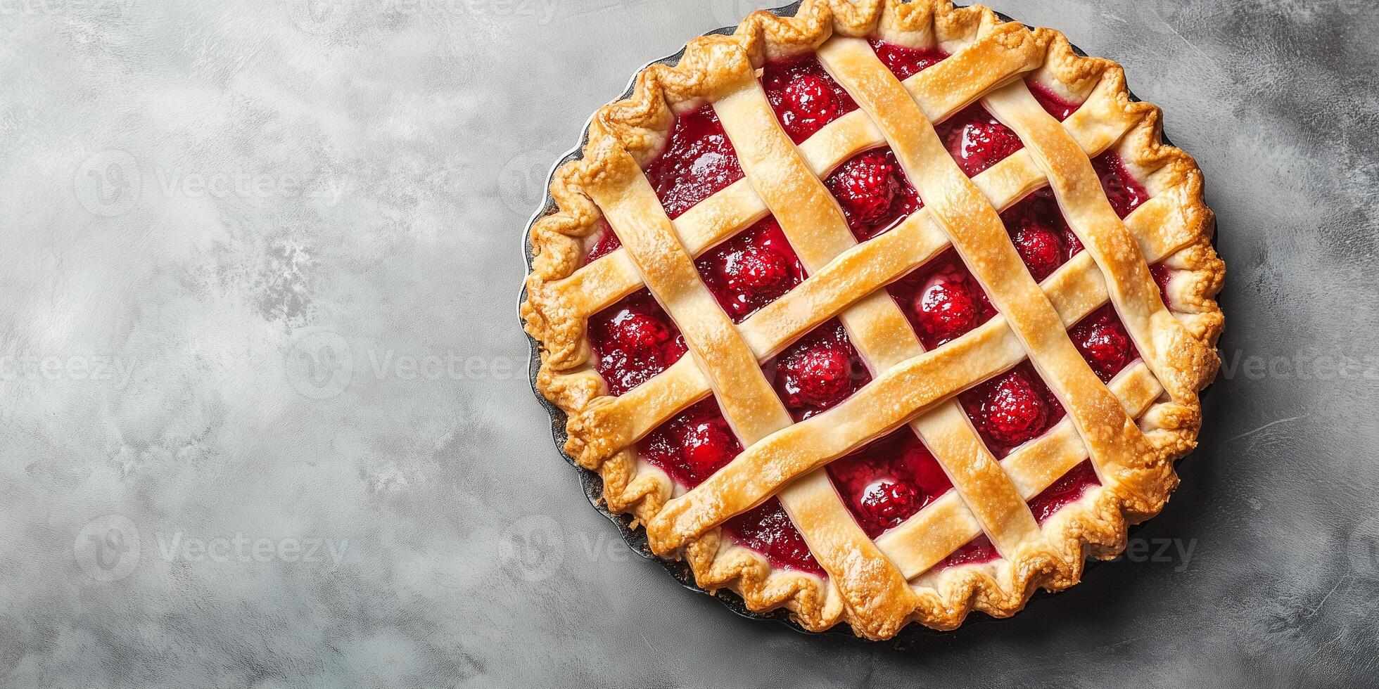 Circular dessert with a lattice top, containing a fruit filling, placed on a flat surface, meal photography photo