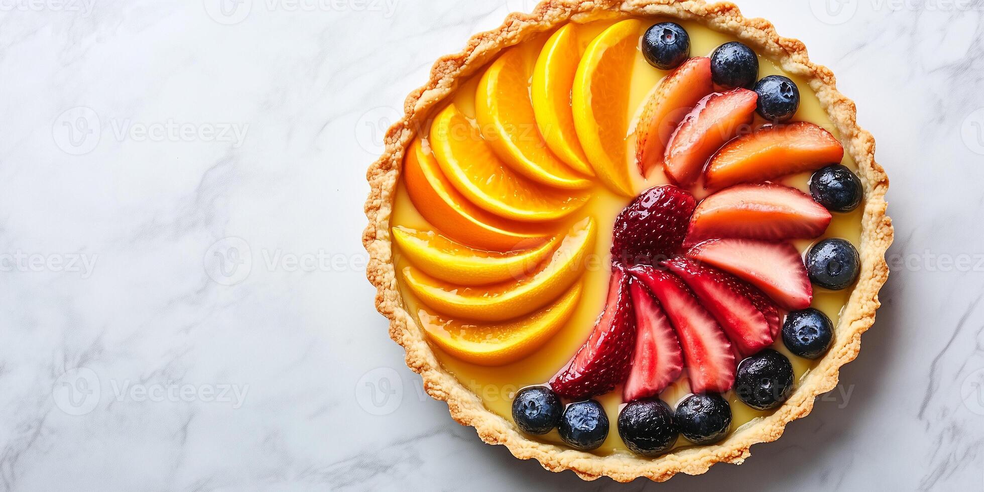 Circular tart with custard filling, topped with evenly spaced fruit slices in rows, meal photography photo