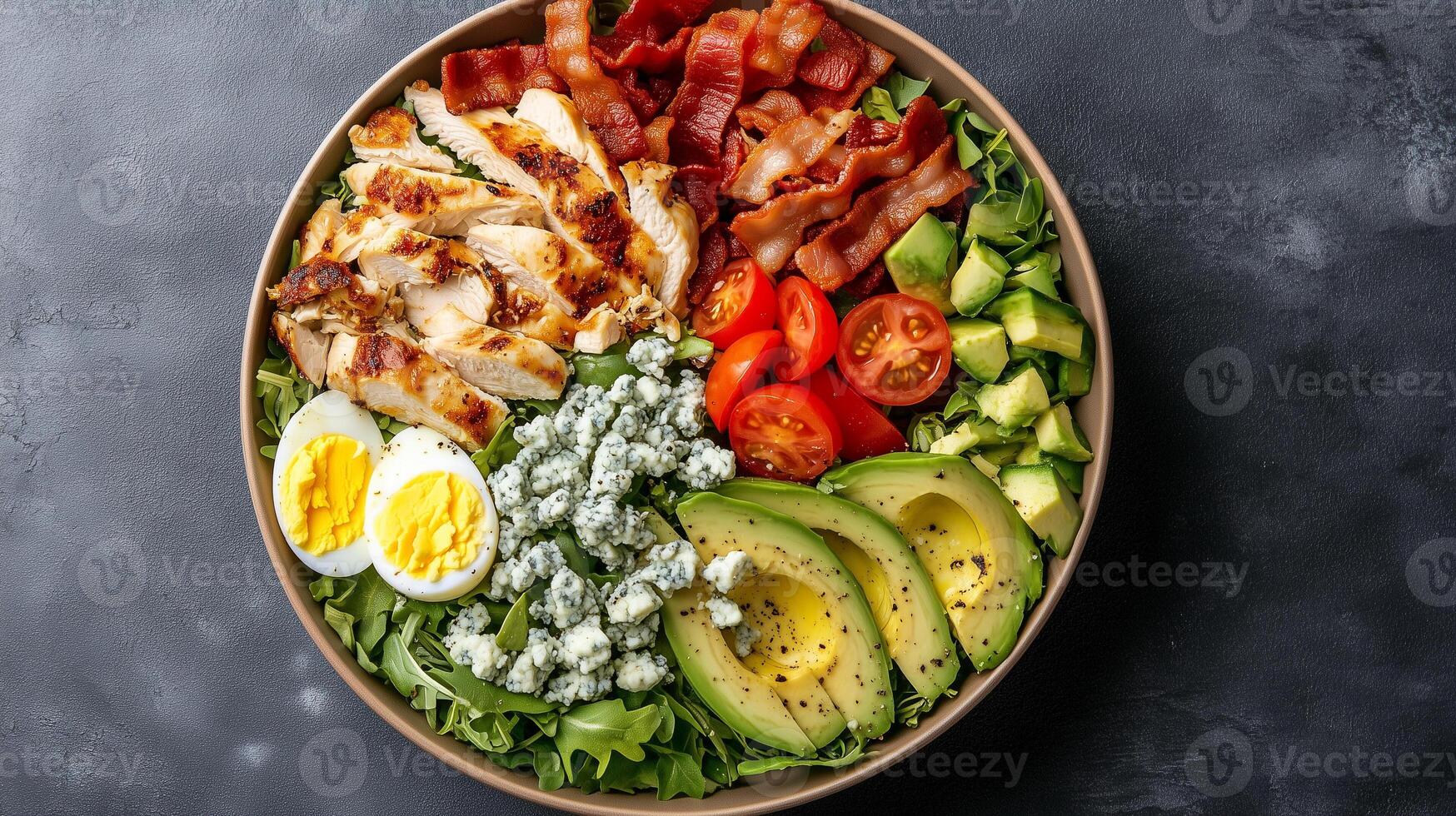 Cobb salad in a round bowl with chicken, bacon, avocado, eggs, tomatoes, and blue cheese crumbles, food setting photo