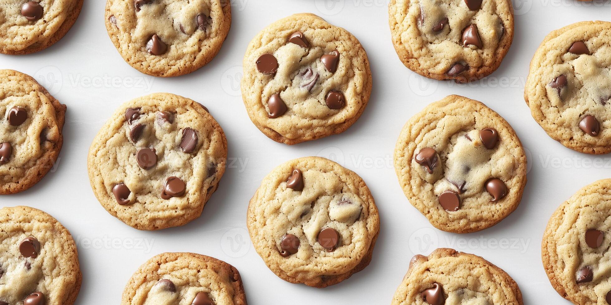 Group of chocolate chip cookies neatly arranged on a flat surface, meal photography photo