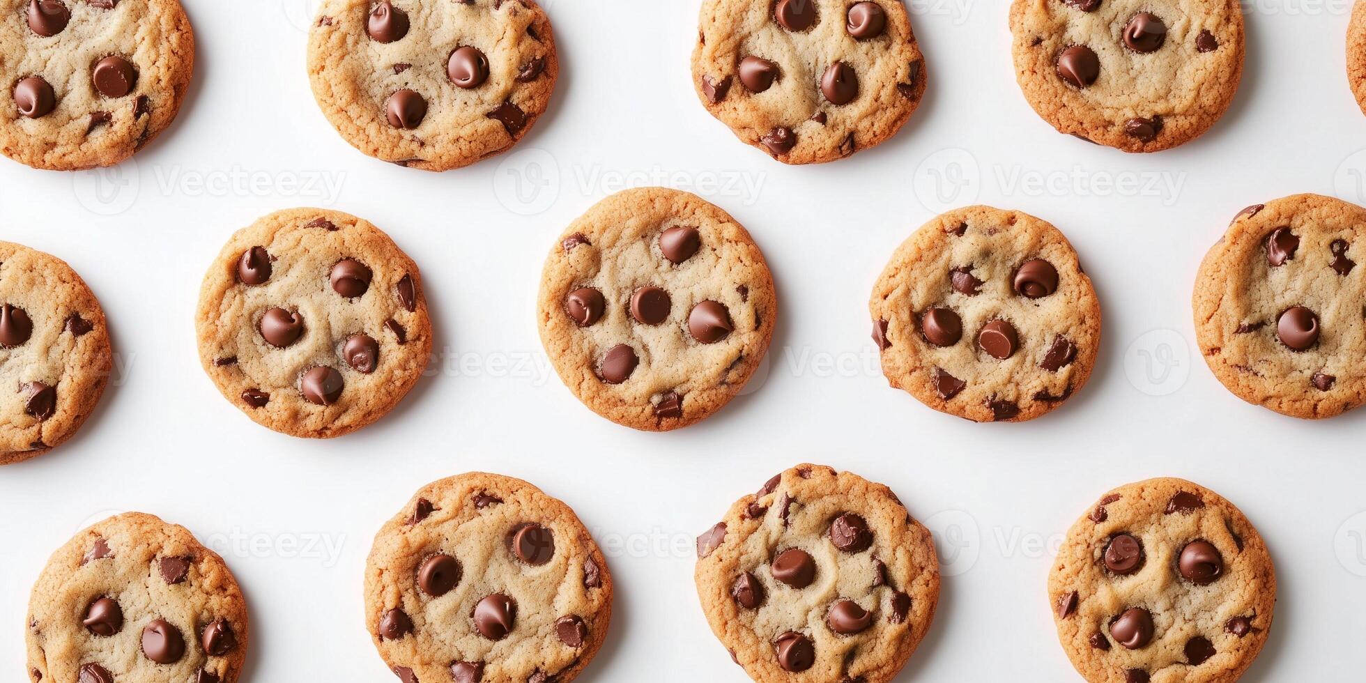 Group of chocolate chip cookies neatly arranged on a flat surface, food setting photo