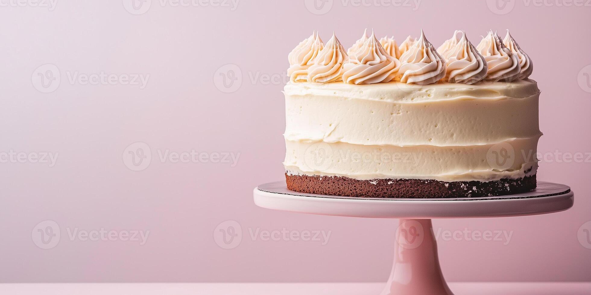 Layered cake with smooth icing and decorative piping on a cake stand, meal photography photo