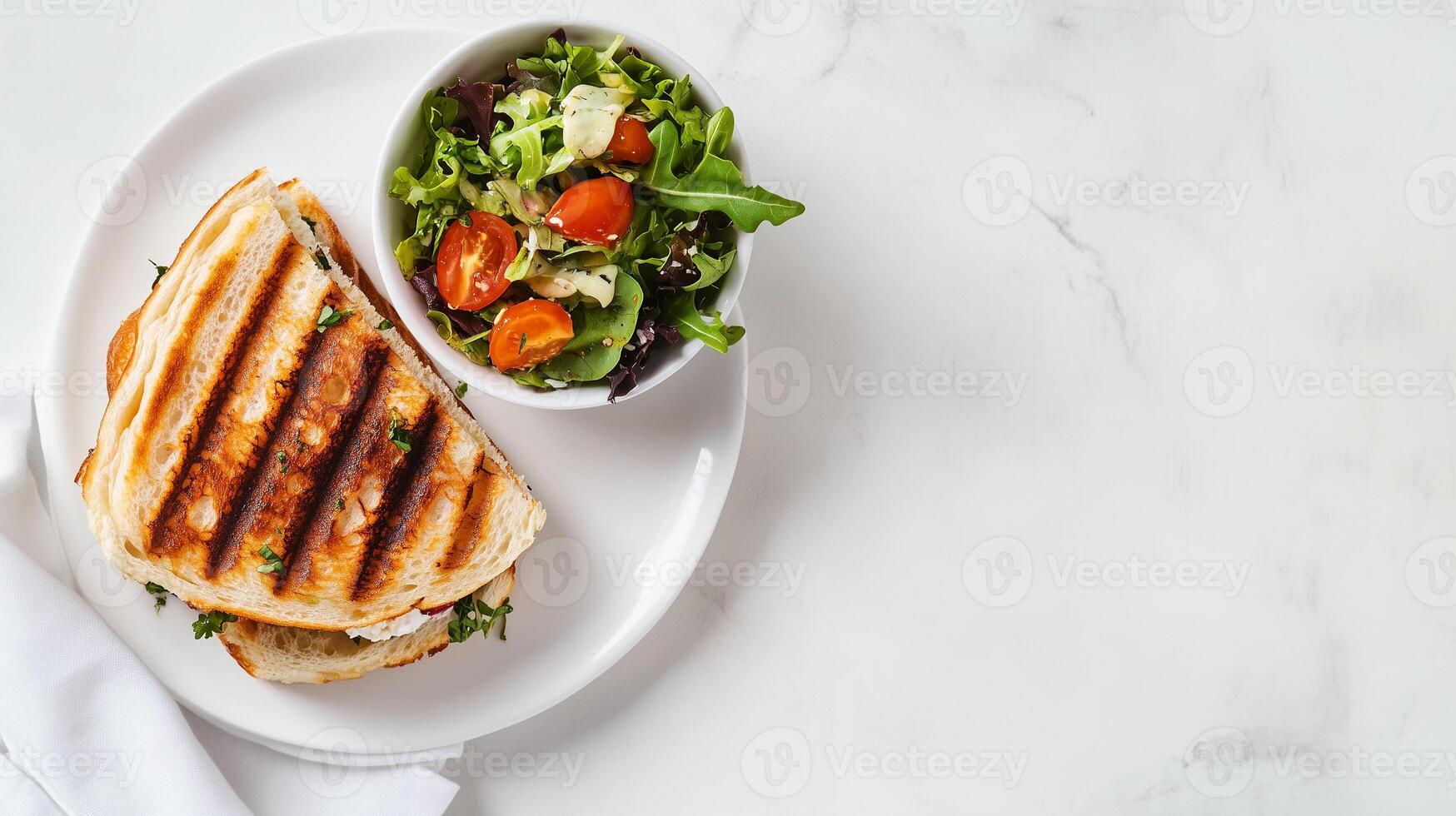 Panini served on a white ceramic dish beside a small bowl of salad, food setting photo