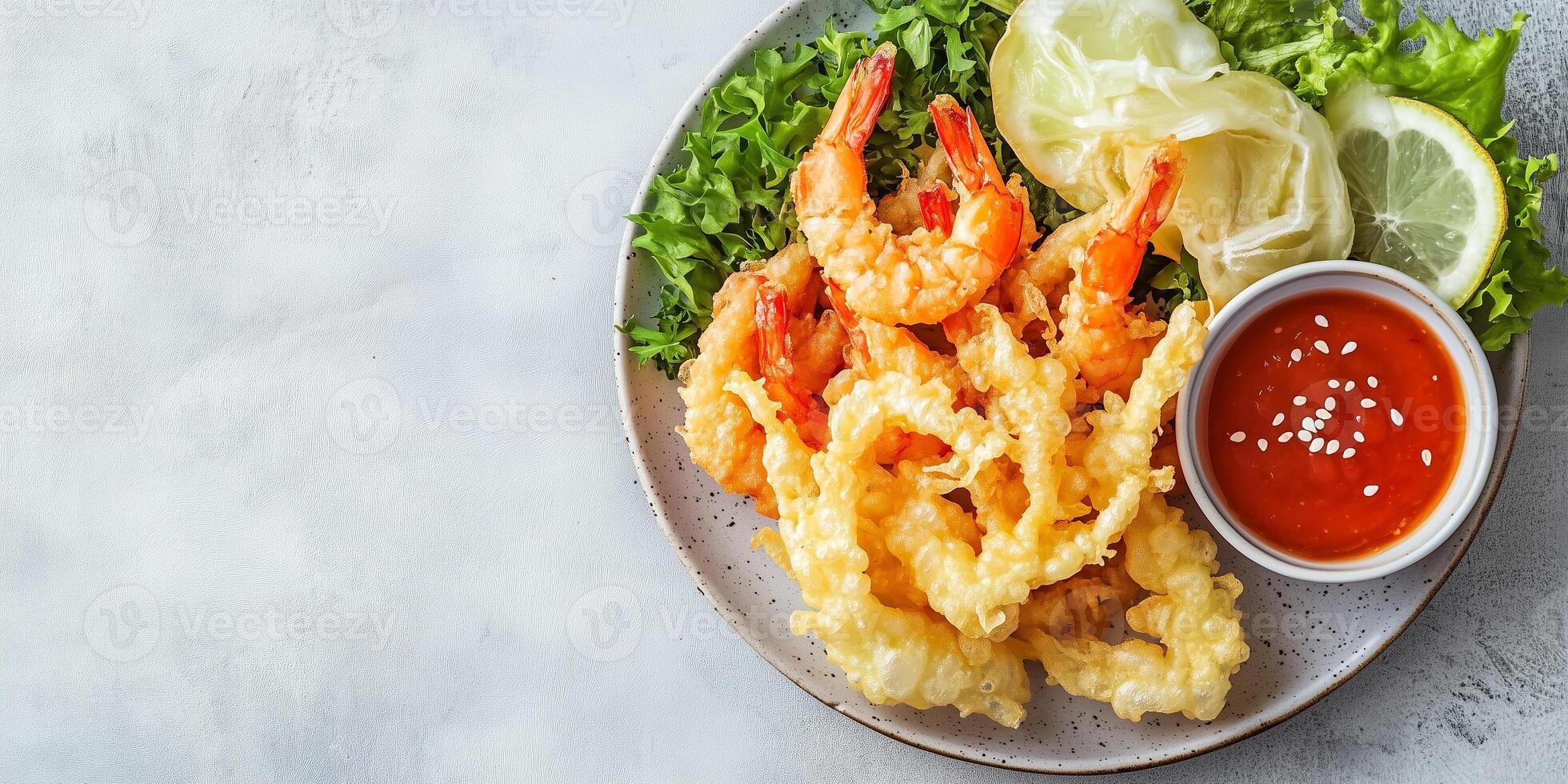 Plate of tempura vegetables and shrimp with dipping sauce, food setting photo
