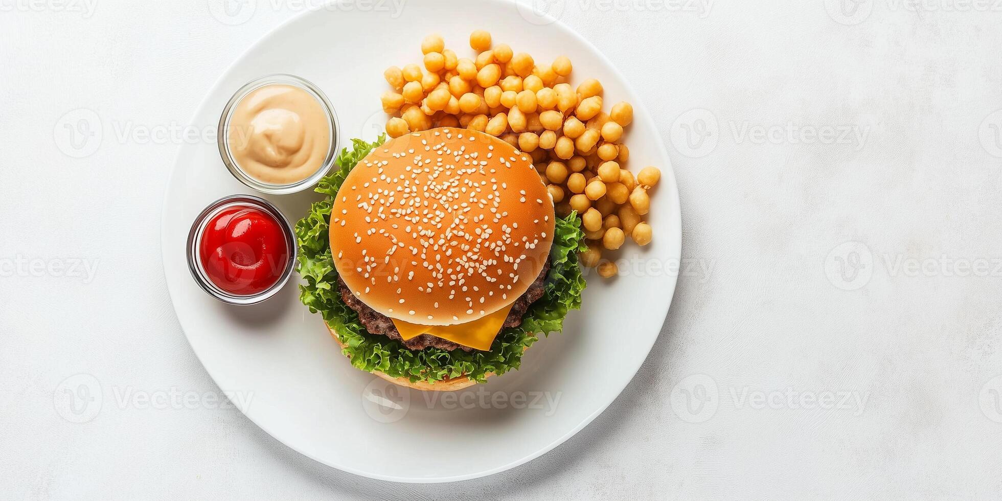 Cheeseburger centered on a plate, surrounded by small sides, food setting photo