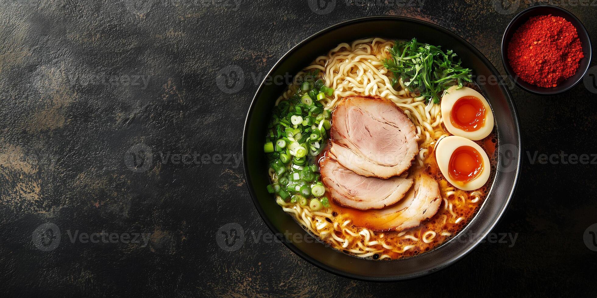 Ramen dish with noodles, meat, and vegetables on a table, meal photography photo