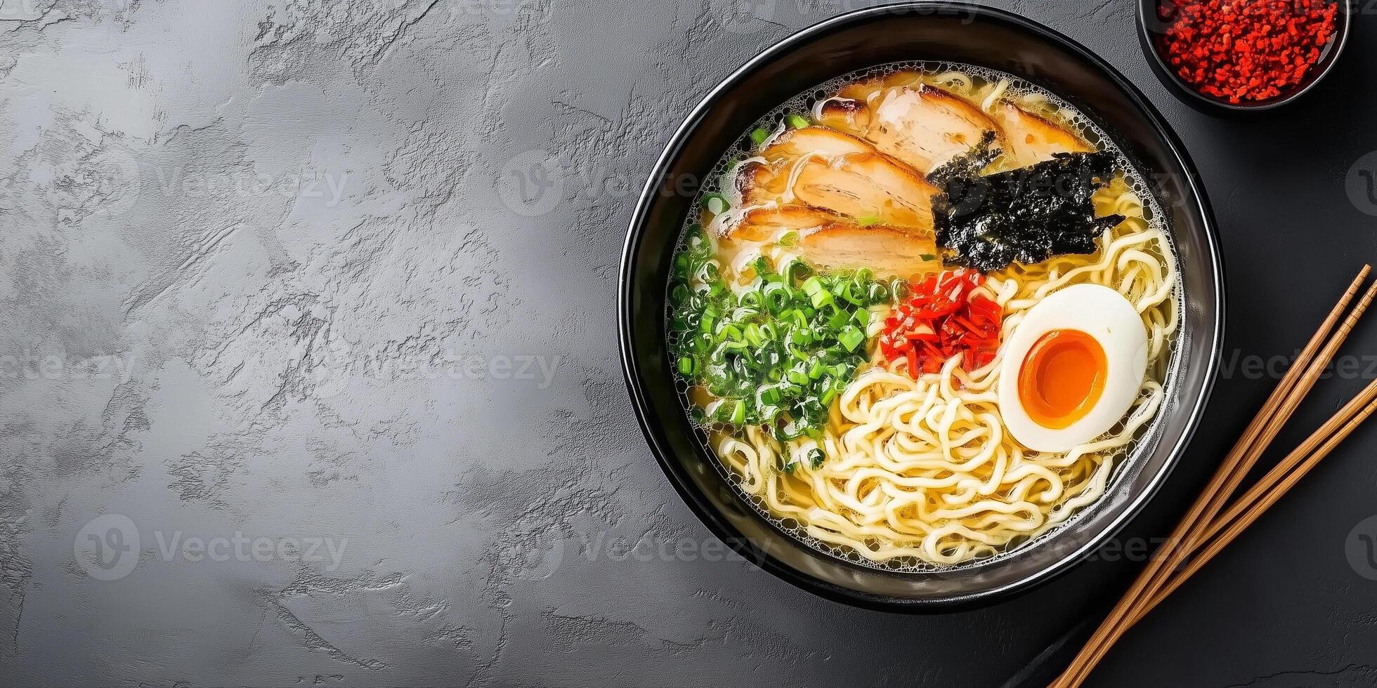 Ramen dish with noodles, broth, and toppings in a ceramic bowl with chopsticks, meal photography photo