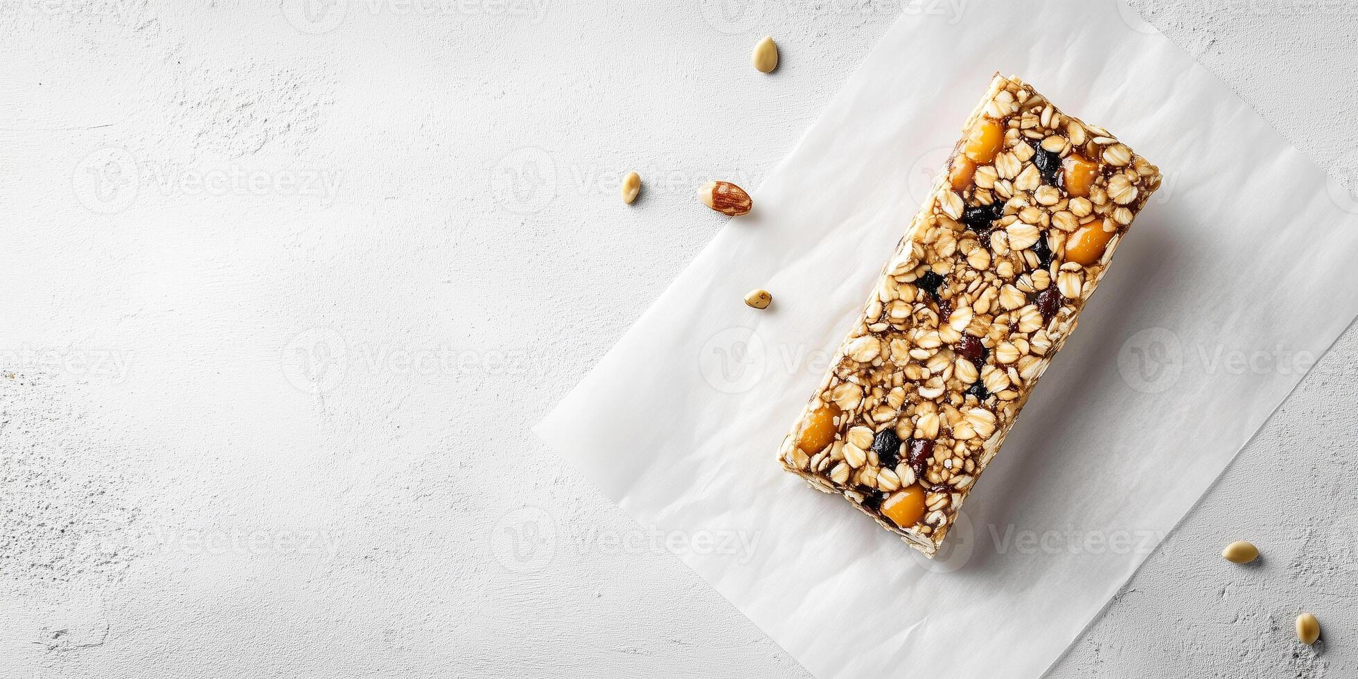 Single energy bar with grains and seeds on parchment paper, meal photography photo