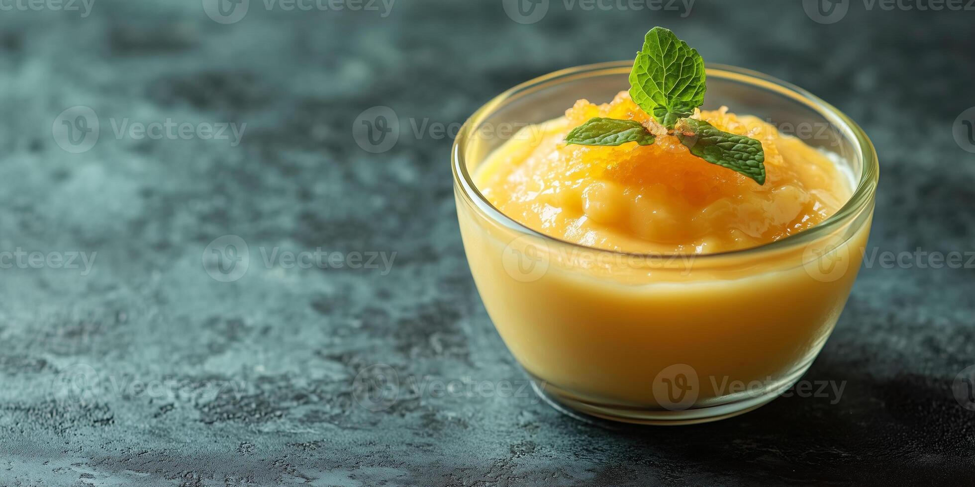 Single portion of pudding served in small glass dish, without toppings, food setting photo