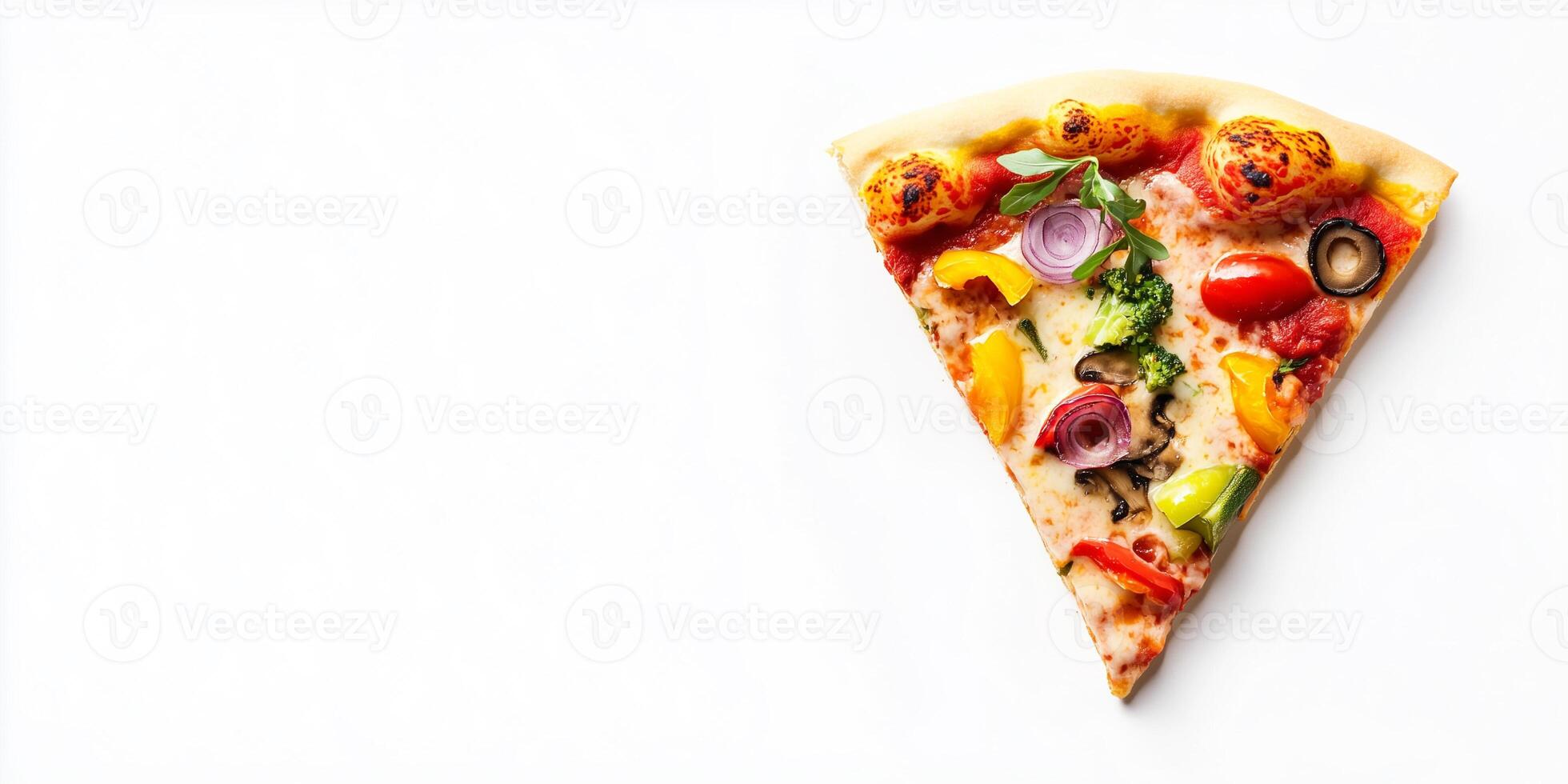 Single vegetarian pizza slice with various vegetable toppings on a white background, food setting photo