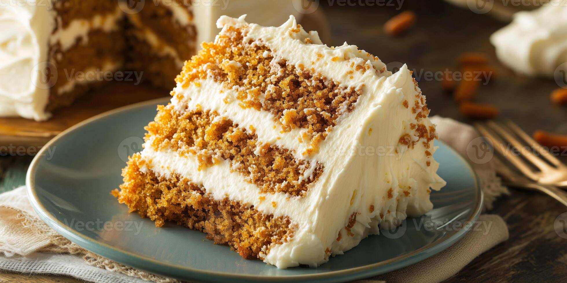 Slice of carrot cake on a plate, showing moist texture and frosting, meal photography photo