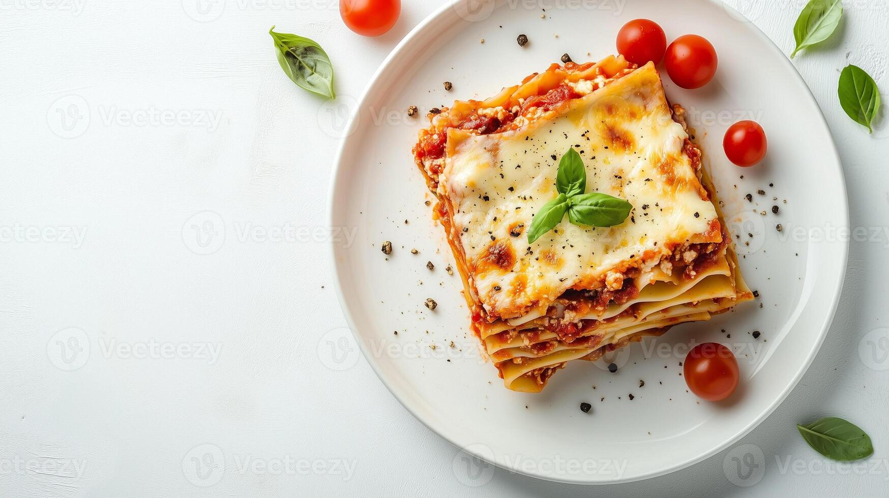 Slice of layered lasagna with pasta, cheese, and sauce, served with garlic bread, food setting photo