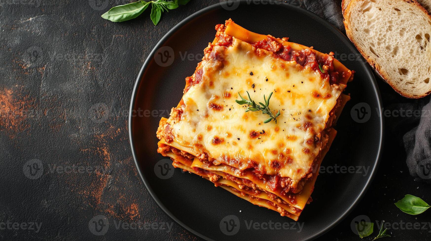 Slice of lasagna with pasta, cheese, and sauce, on a plate with a slice of bread, meal photography photo