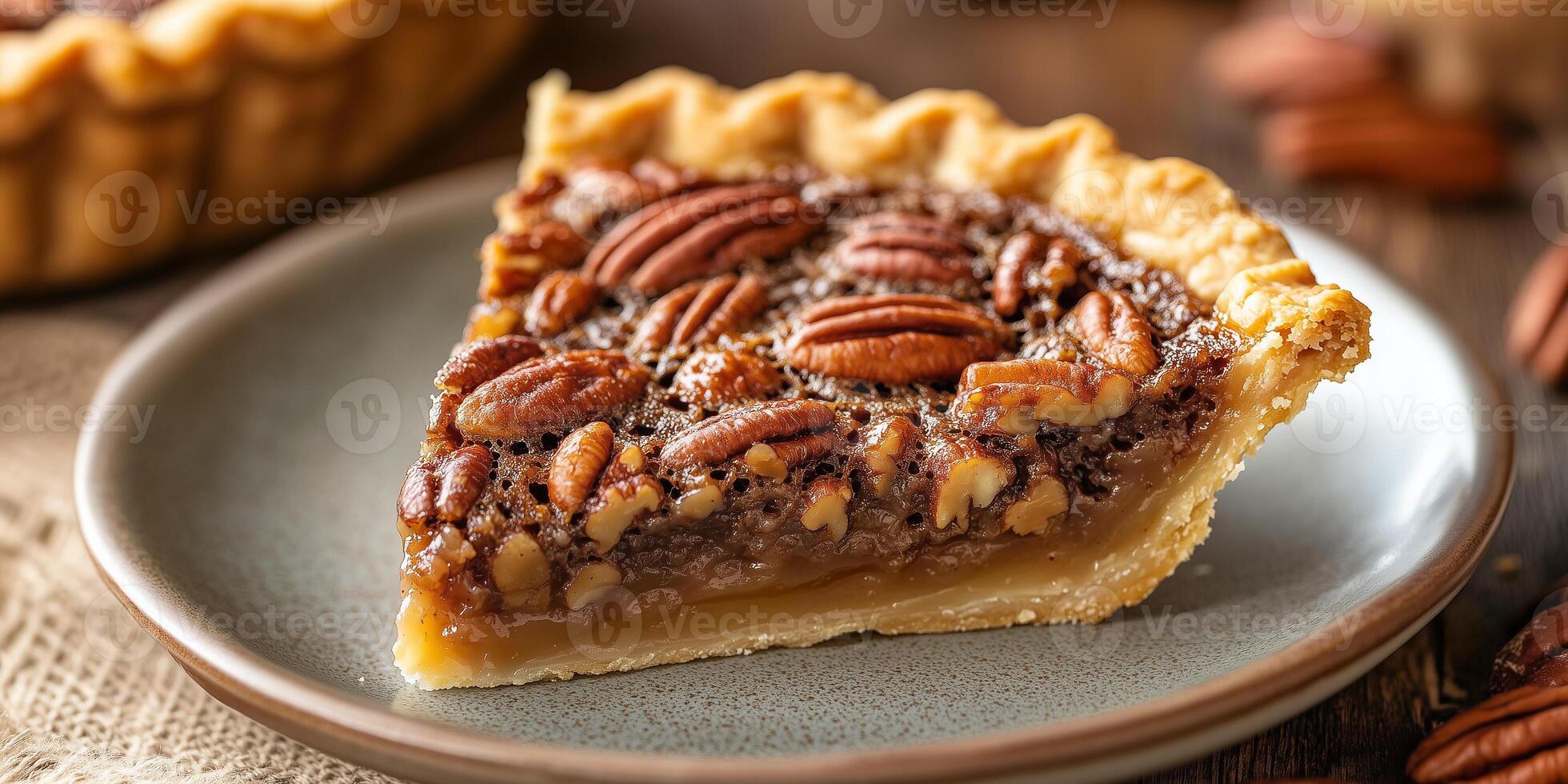 Slice of pecan pie on a plate, showing the dense filling and crisp crust, food setting photo