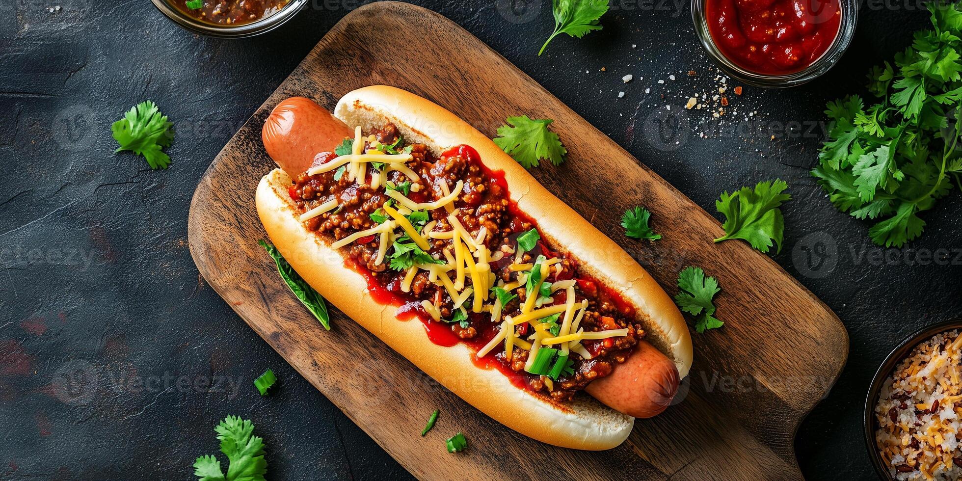 Chili dog on a wooden board, topped with chili and cheese, meal photography photo