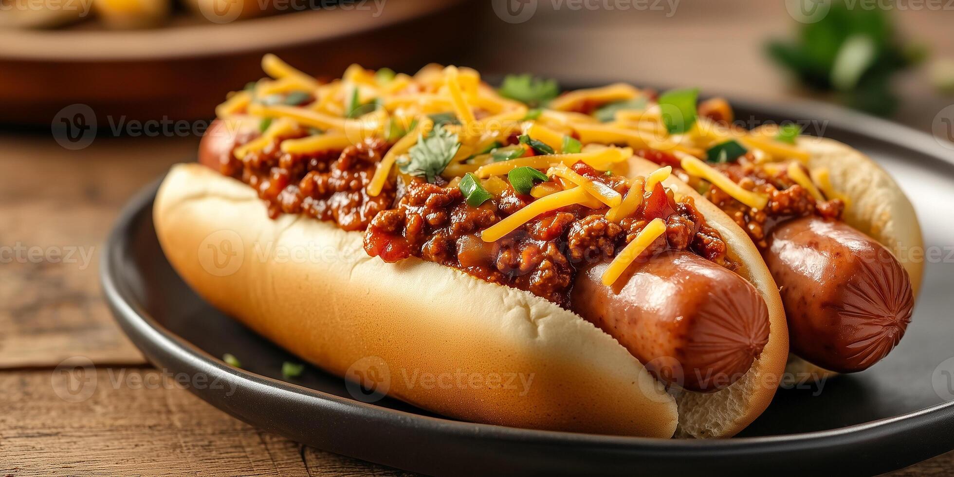 Chili dog with sausage, chili, and cheese on a plate, food setting photo