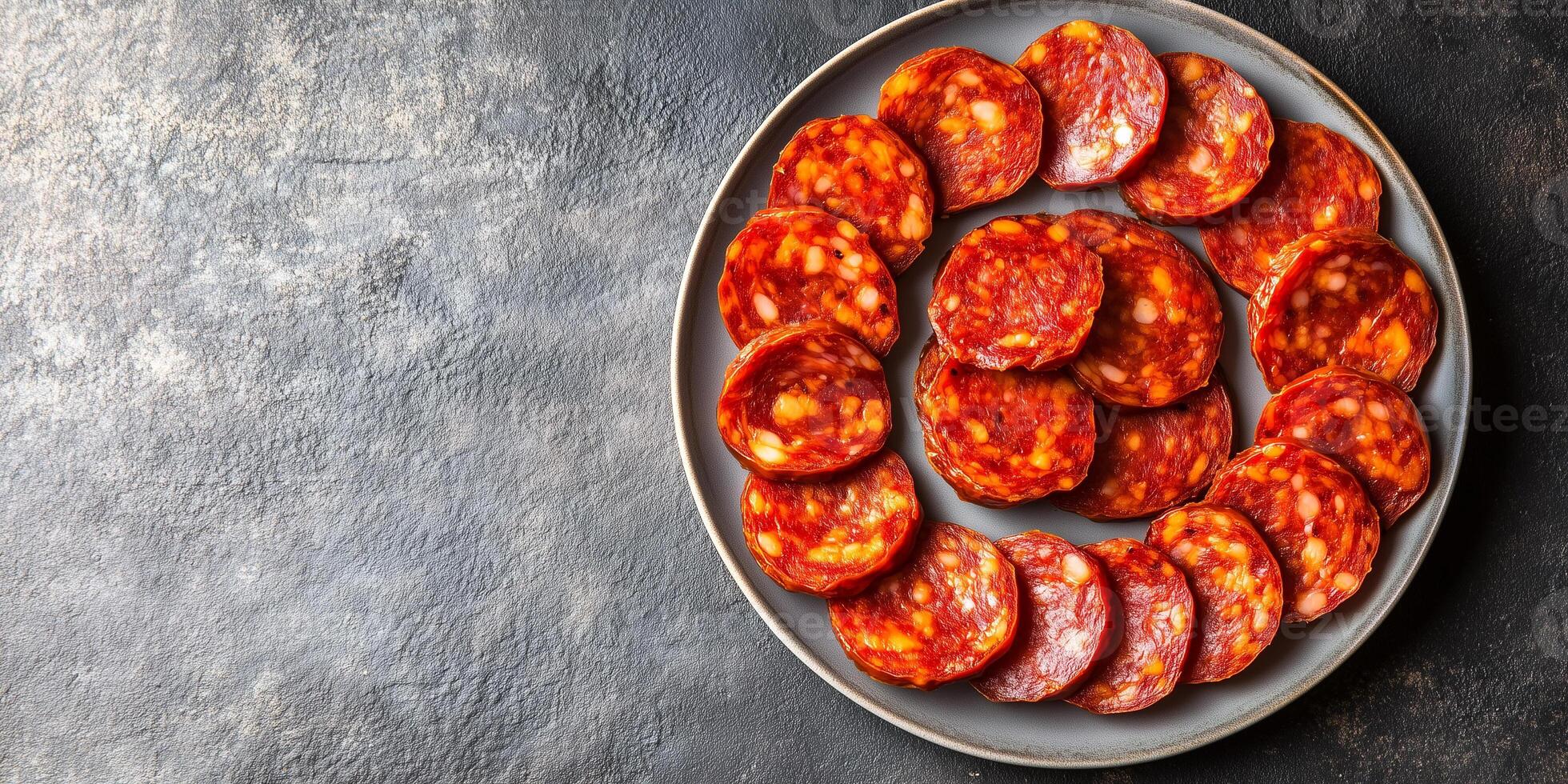 Chorizo slices arranged in a circle on a small serving plate, meal photography photo