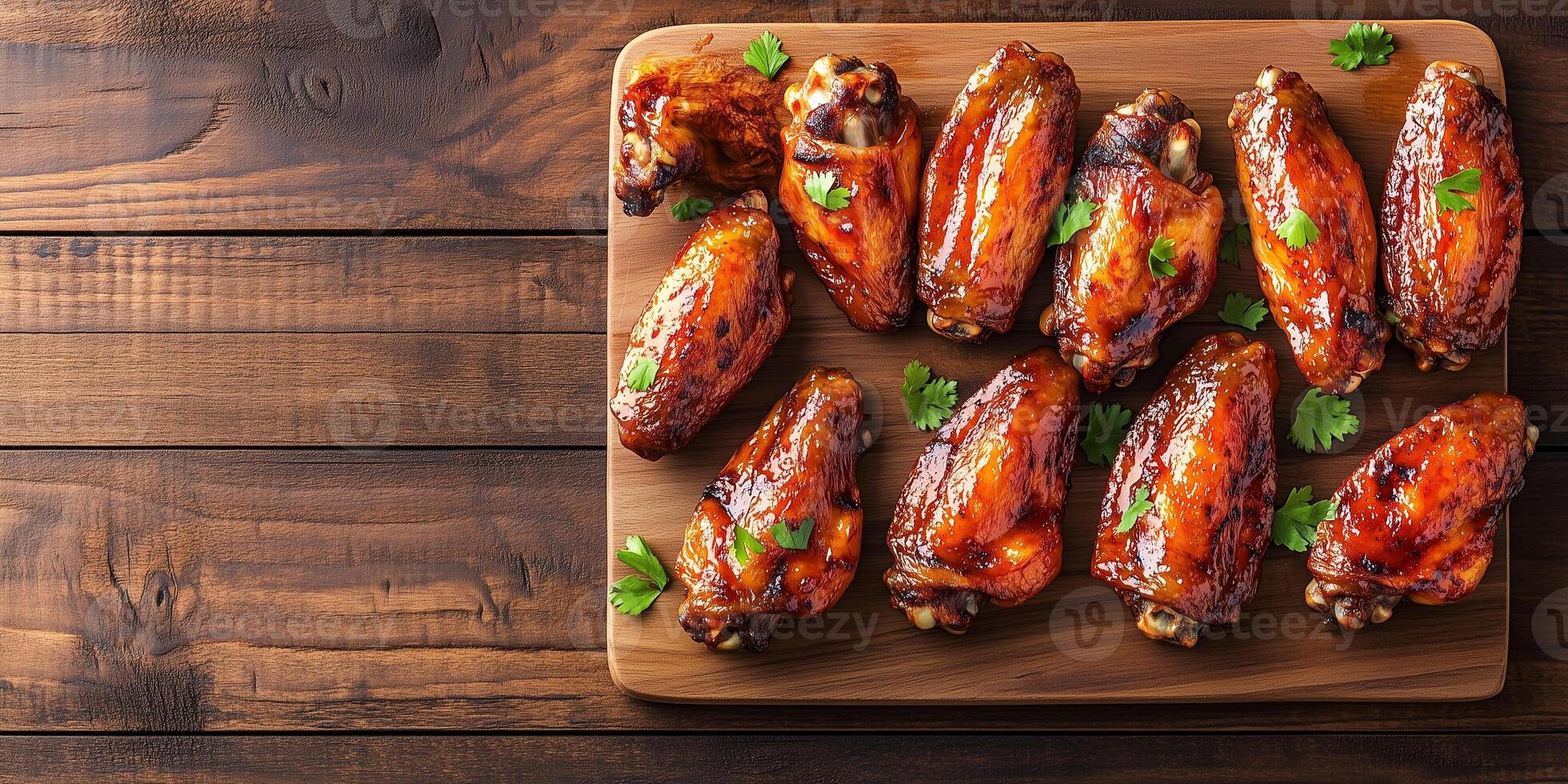 Cooked chicken wings displayed in rows on flat rectangular serving board, food setting photo