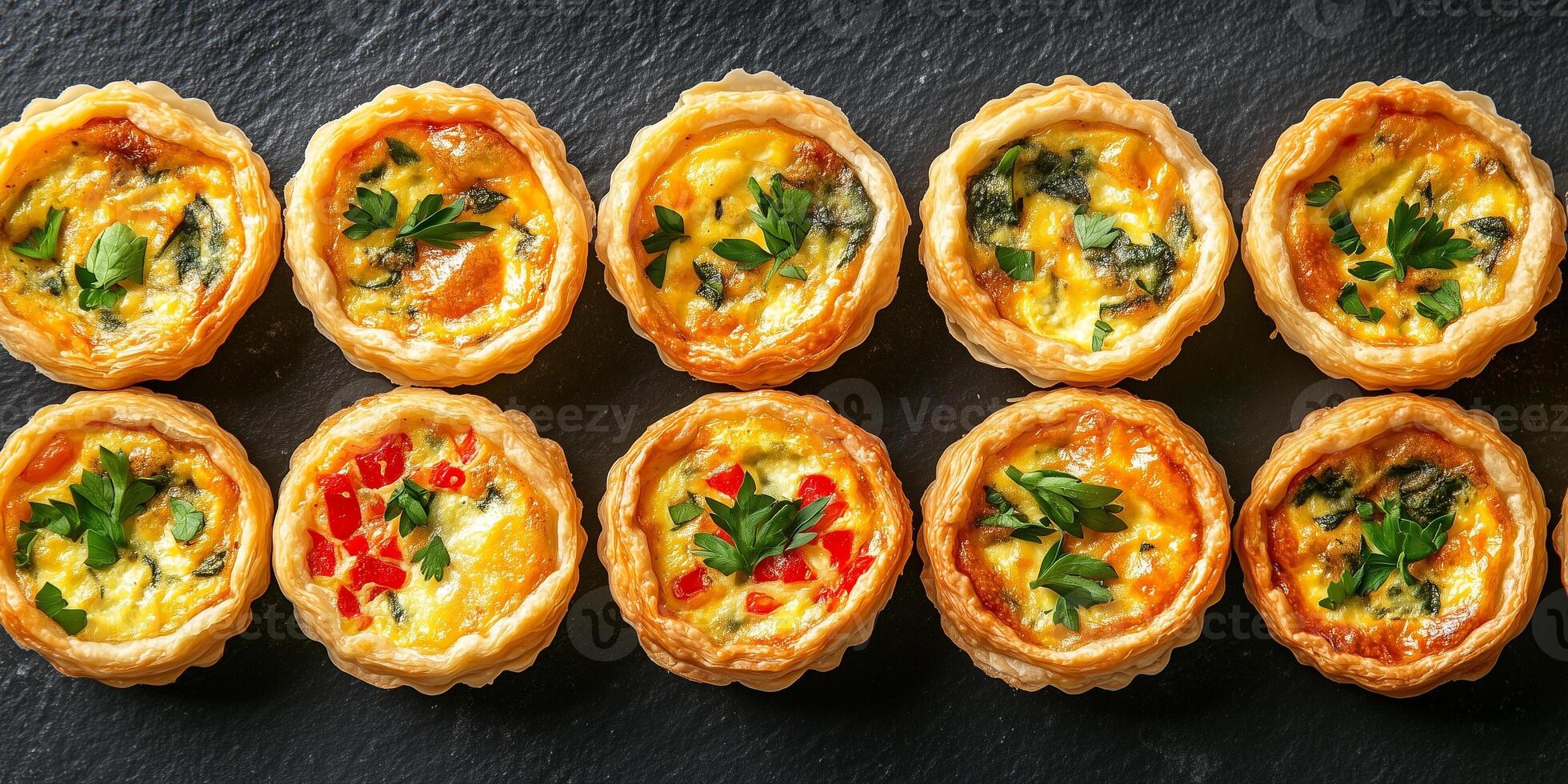 Mini quiches laid out neatly in a row on a long tray, food setting photo