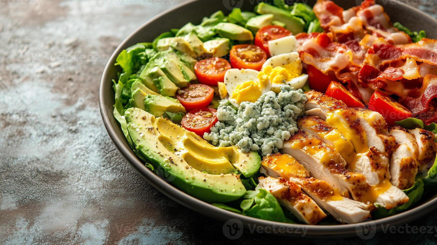 Cobb salad in a dish with rows of chicken, bacon, eggs, avocado, tomatoes, and blue cheese, meal photography photo