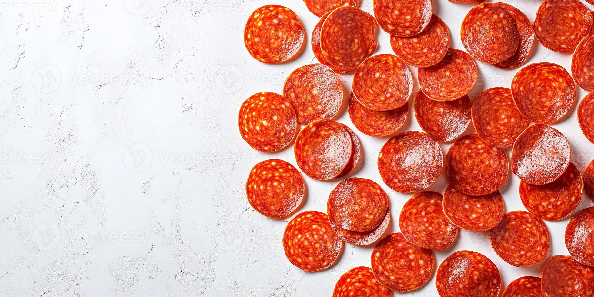 Slices of pepperoni neatly arranged in a circular pattern on a white background, food setting photo