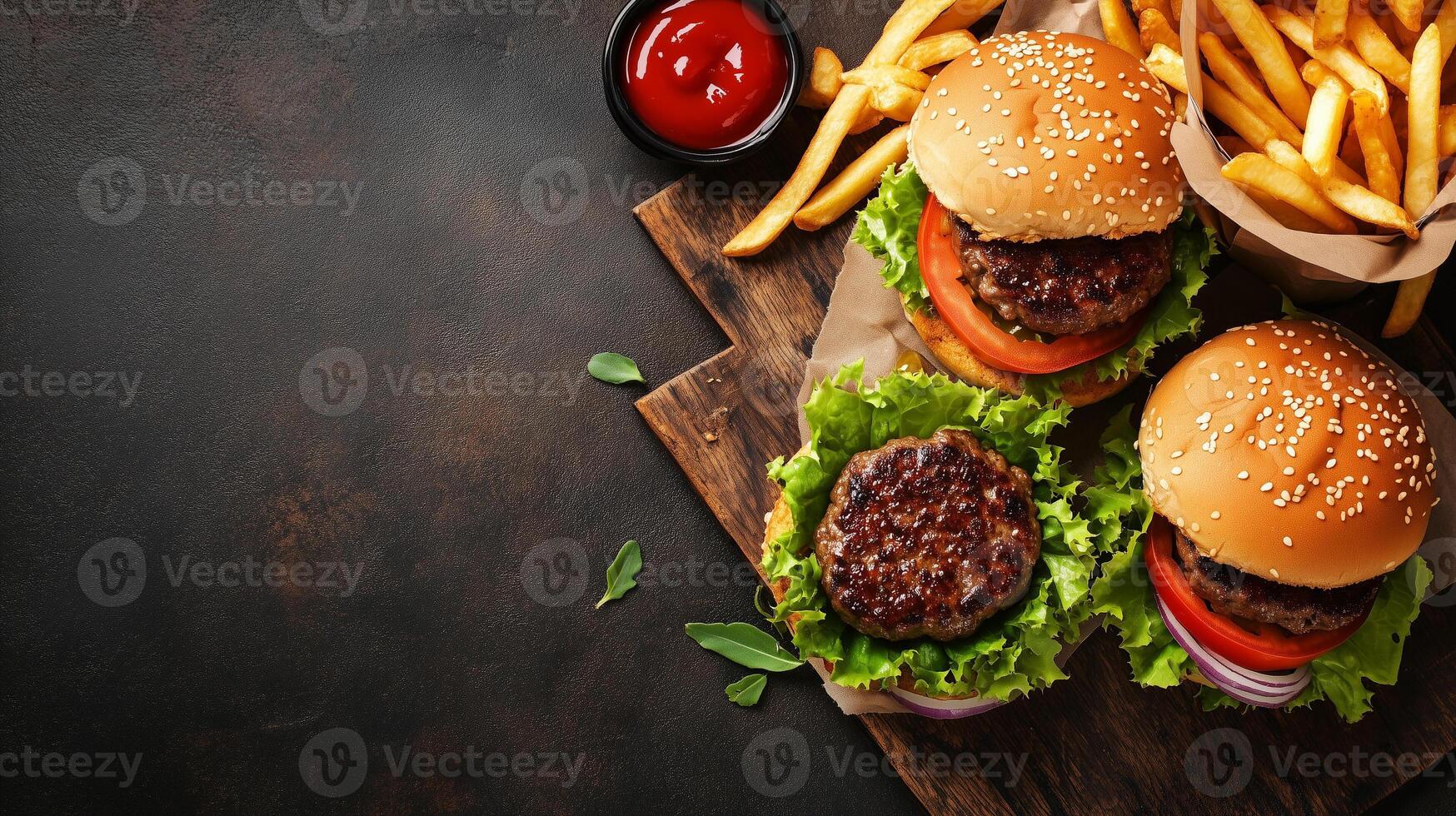Sliders with beef patties, lettuce, and tomato arranged on a tray, food setting photo