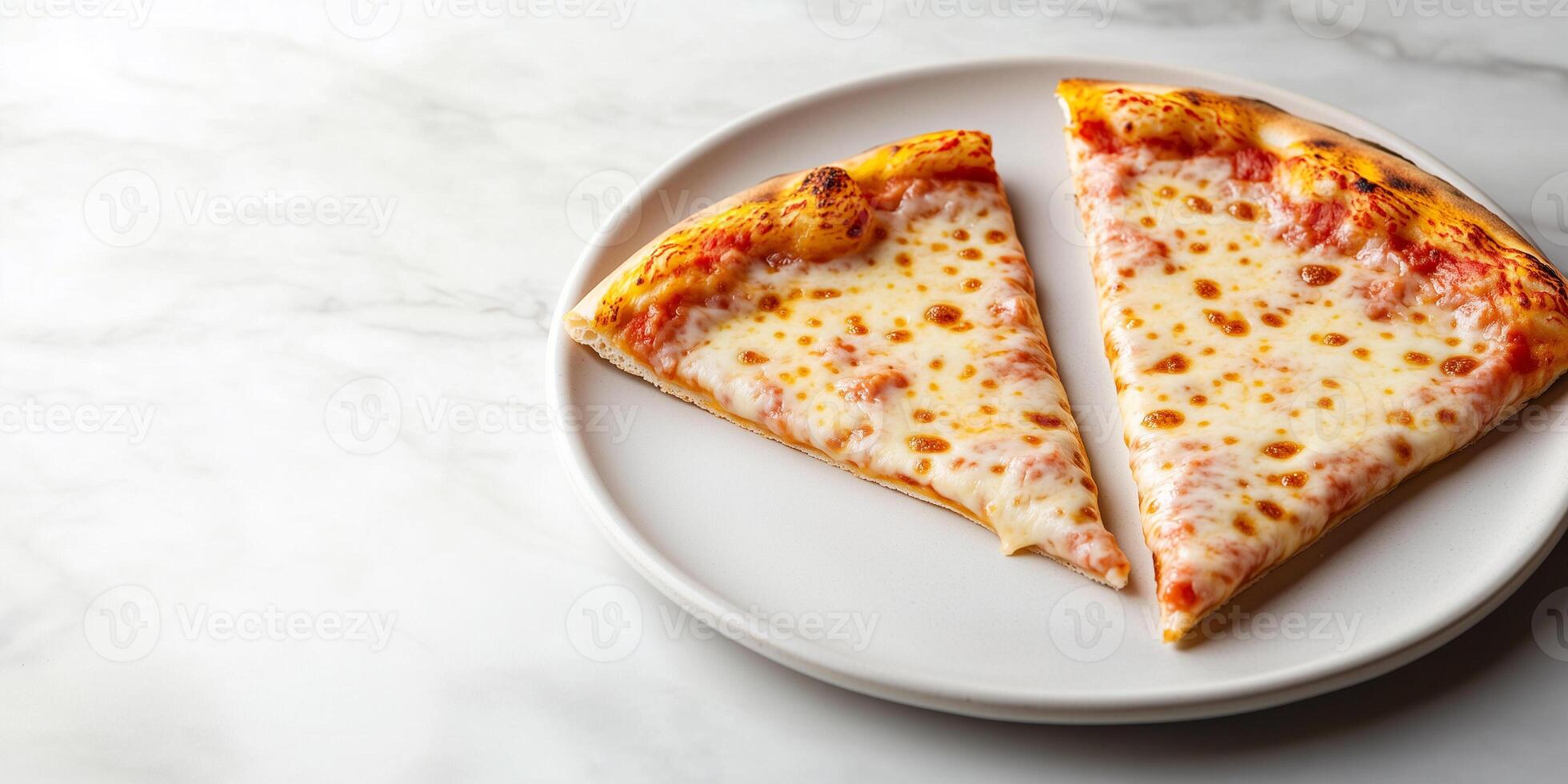 Two pizza slices arranged on a plate with visible cheese, sauce, and toppings, meal photography photo