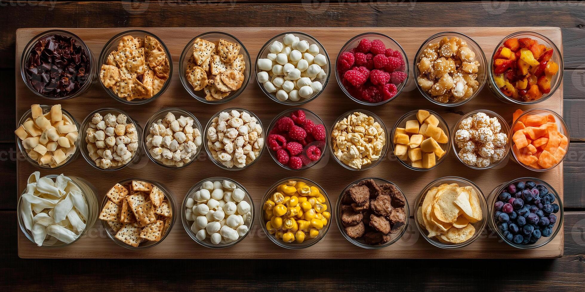Various bite-sized snacks displayed on a wooden board in organized pattern, meal photography photo