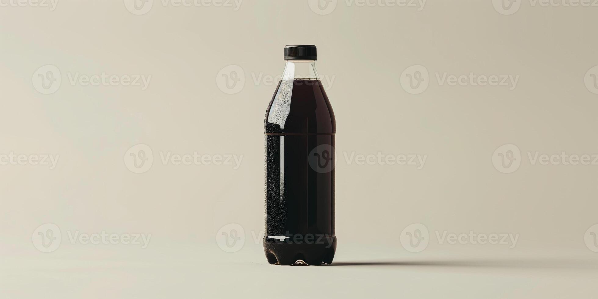 Probiotic drink bottle with screw cap, filled with dark liquid, on plain background, food photography photo