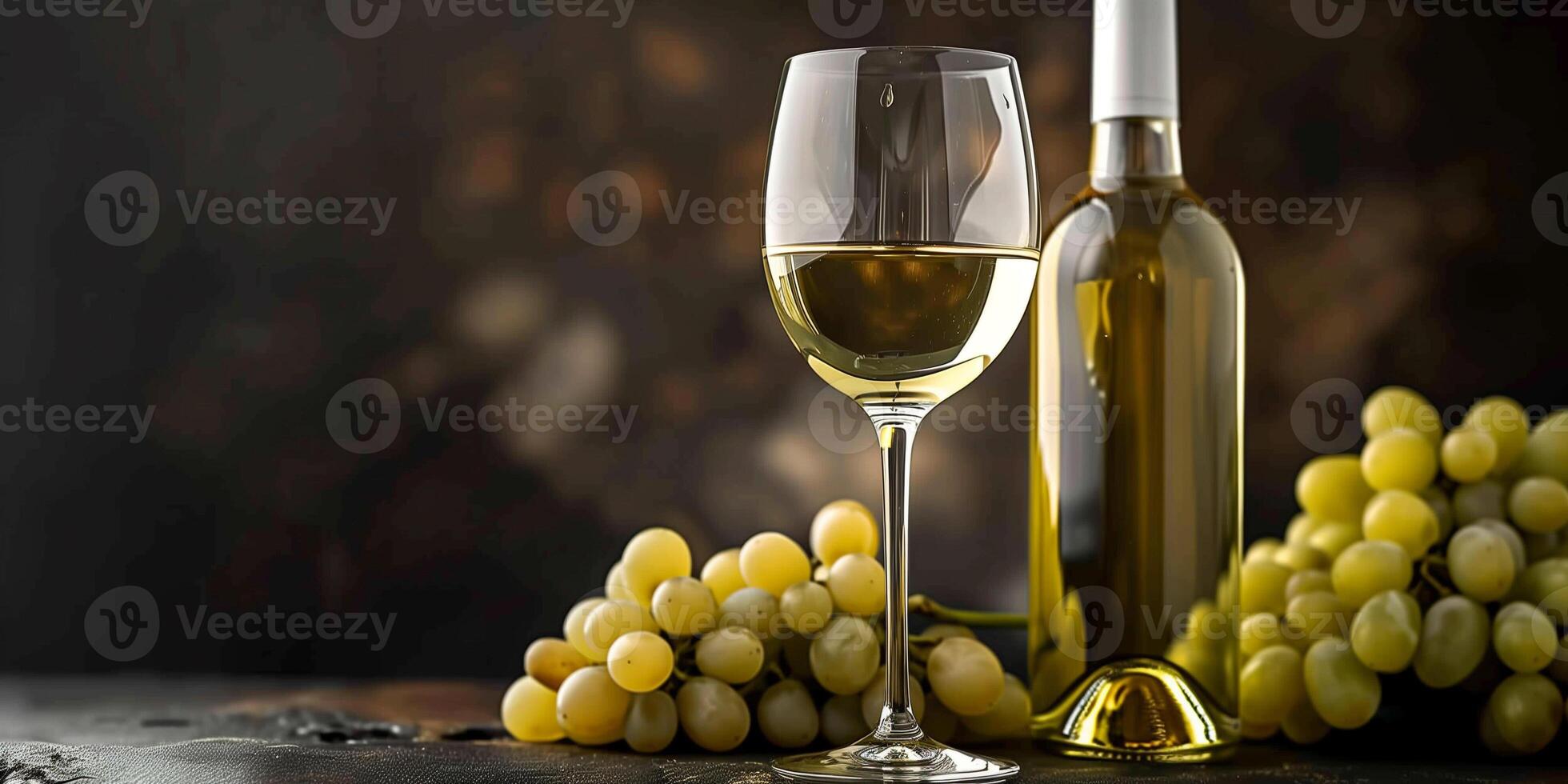 White wine in a glass, next to an uncorked bottle and a bunch of grapes, culinary photography photo