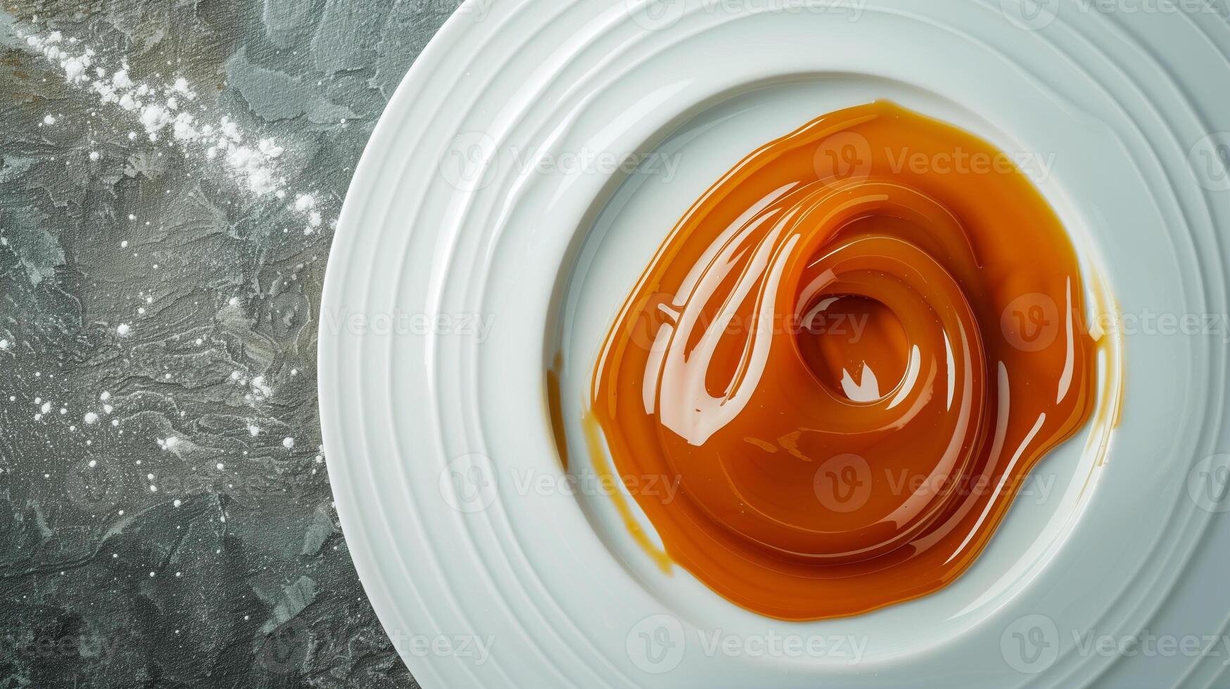 Pool of caramel sauce spreading on a white ceramic plate, viewed from above, food photography photo