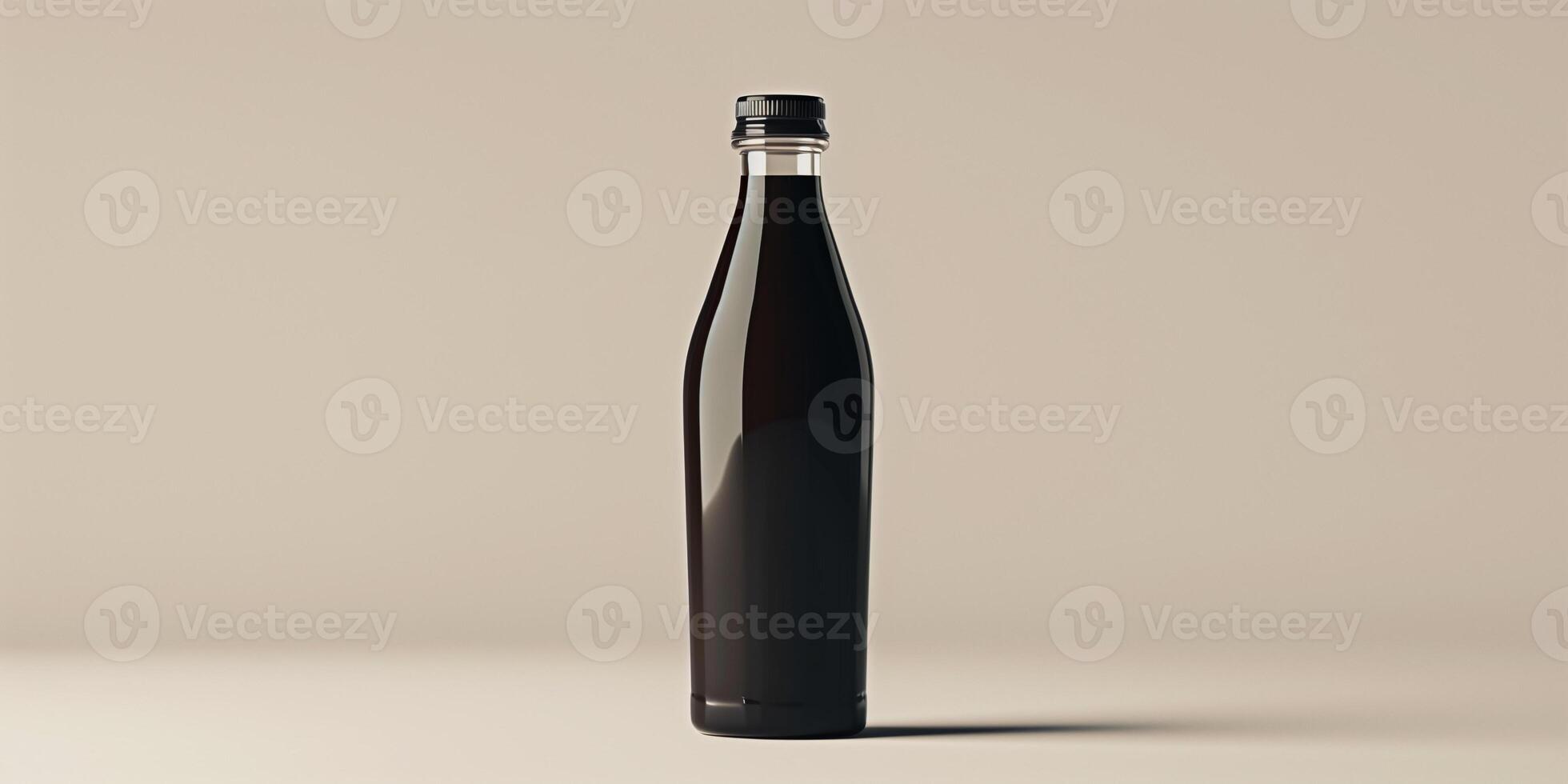 Probiotic drink bottle with screw cap, filled with dark liquid, on plain background, culinary photography photo