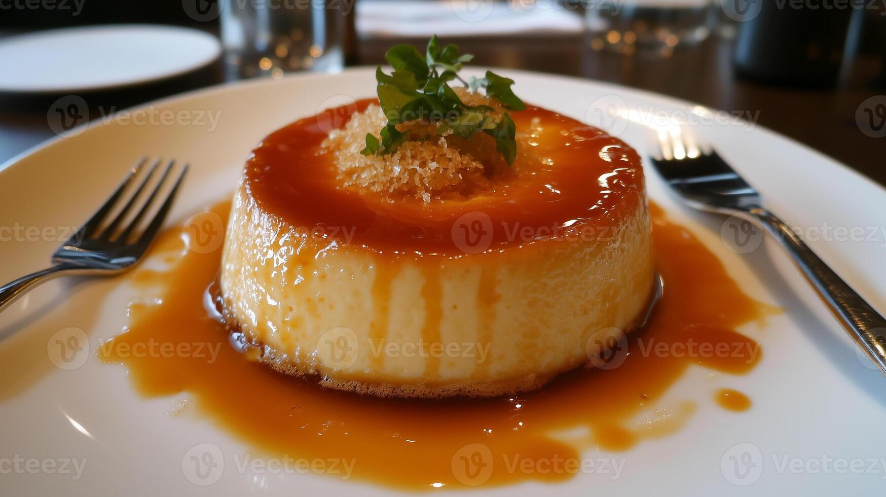 Portion of flan with caramel sauce topping, on a dish with a fork beside it, culinary photography photo