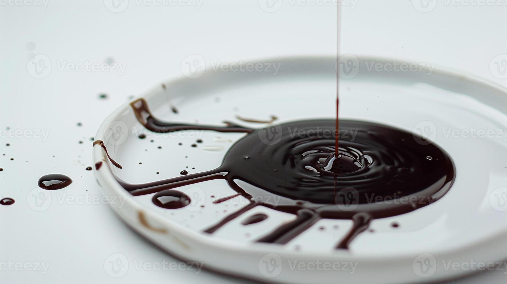Puddle of chocolate syrup spreading on a white ceramic plate, culinary photography photo