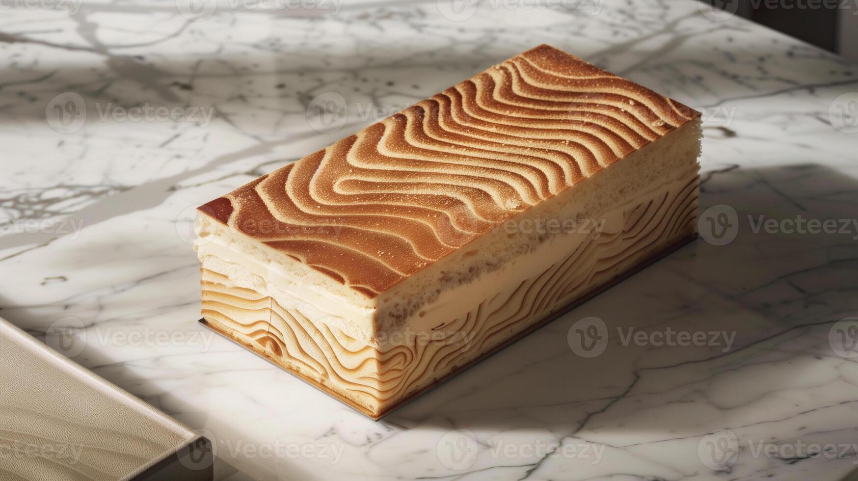 Rectangular cake, uncut, with a patterned top, positioned on a marble countertop, culinary photography photo