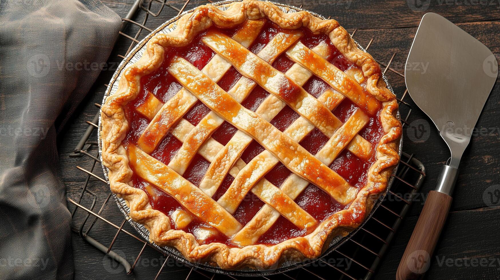 Round pie with a lattice crust on a cooling rack with a pie server nearby, culinary photography photo