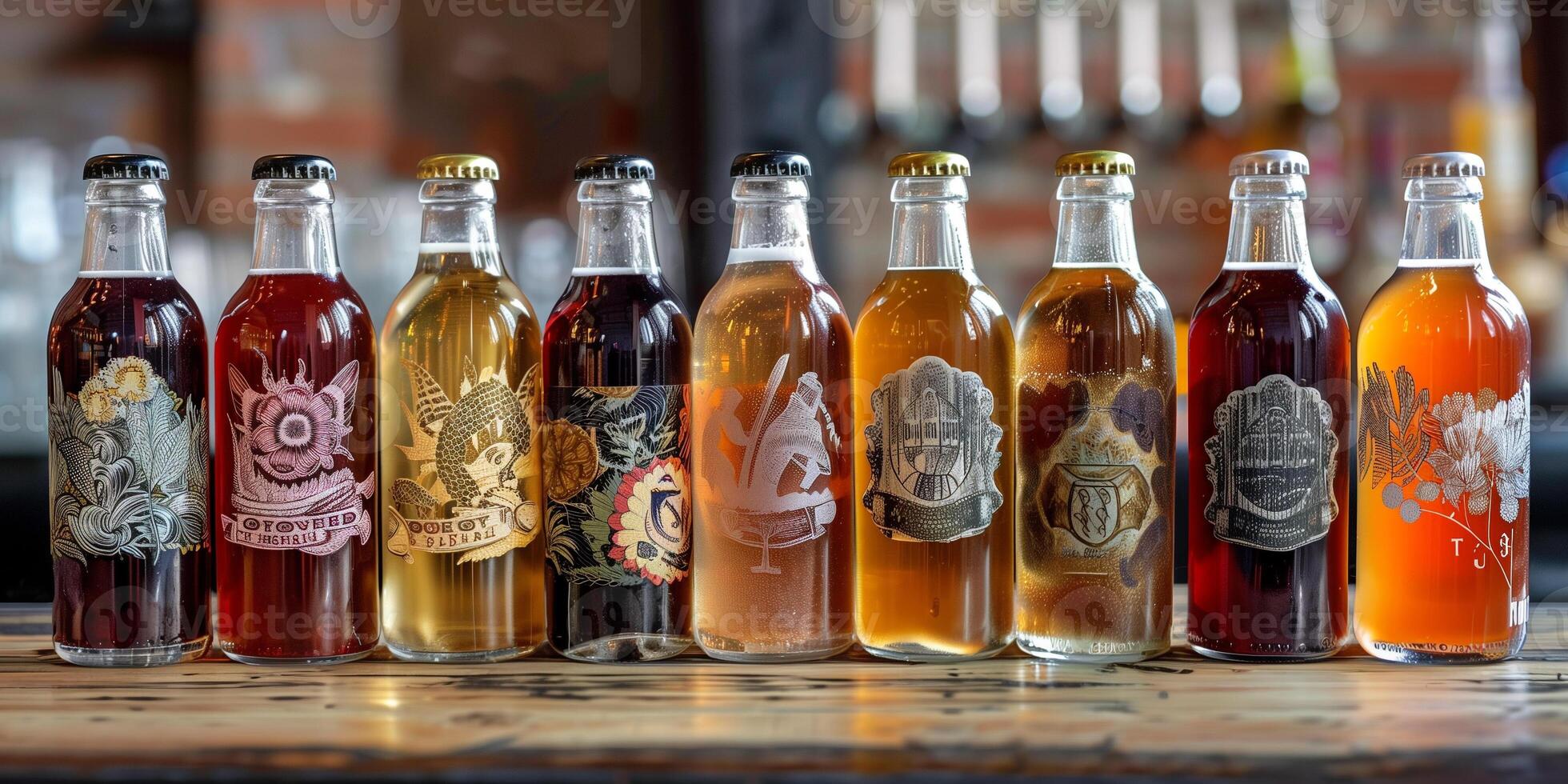 Row of assorted fermented beverage bottles with unique labels on wooden surface, food photography photo