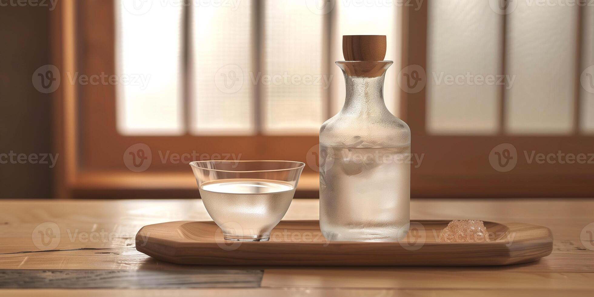 Soju bottle with a shot glass filled with clear liquid, placed on a wooden tray, culinary photography photo