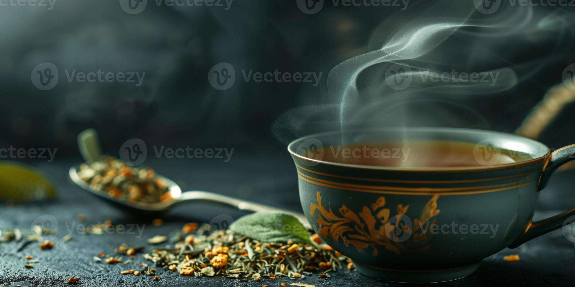 Spoonful of dried herbal tea leaves next to a steaming teacup, culinary photography photo