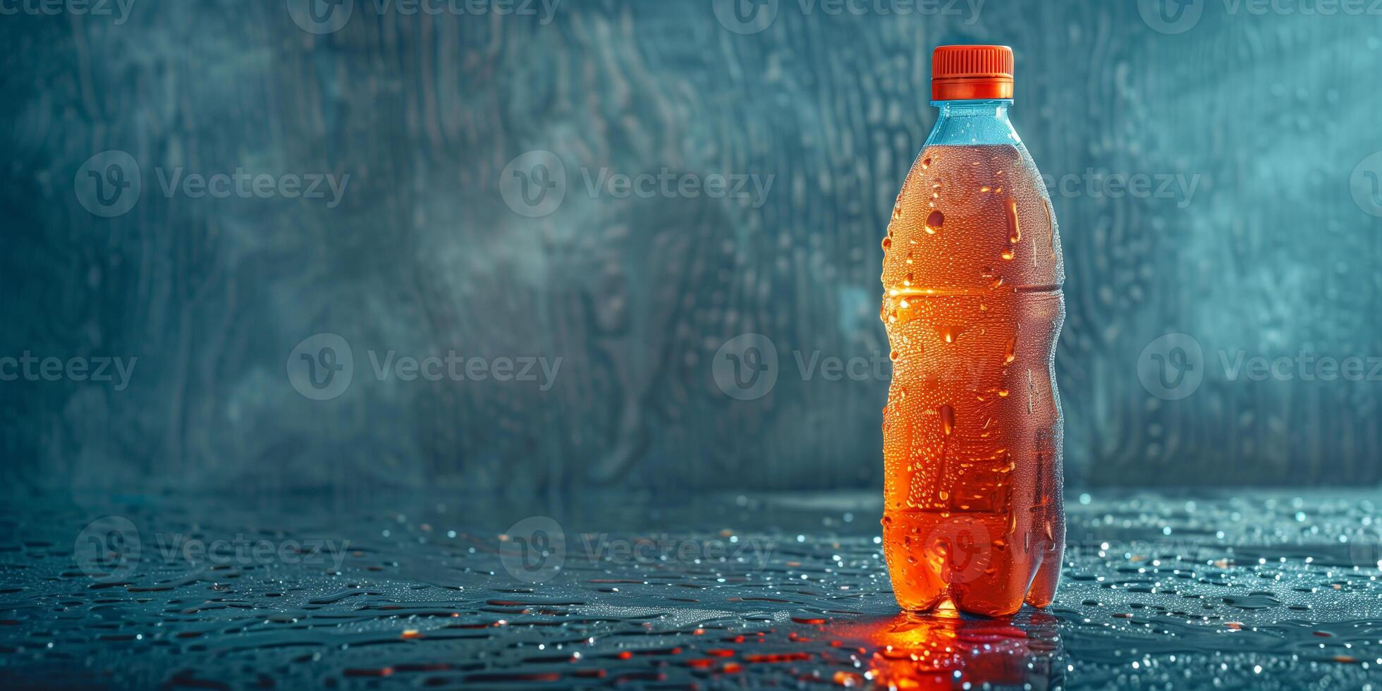 Sports drink bottle with condensation on a metallic surface, culinary photography photo