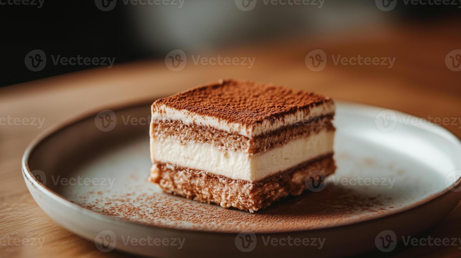 Square piece of tiramisu on a plate, highlighting the layered structure of the dessert, food photography photo