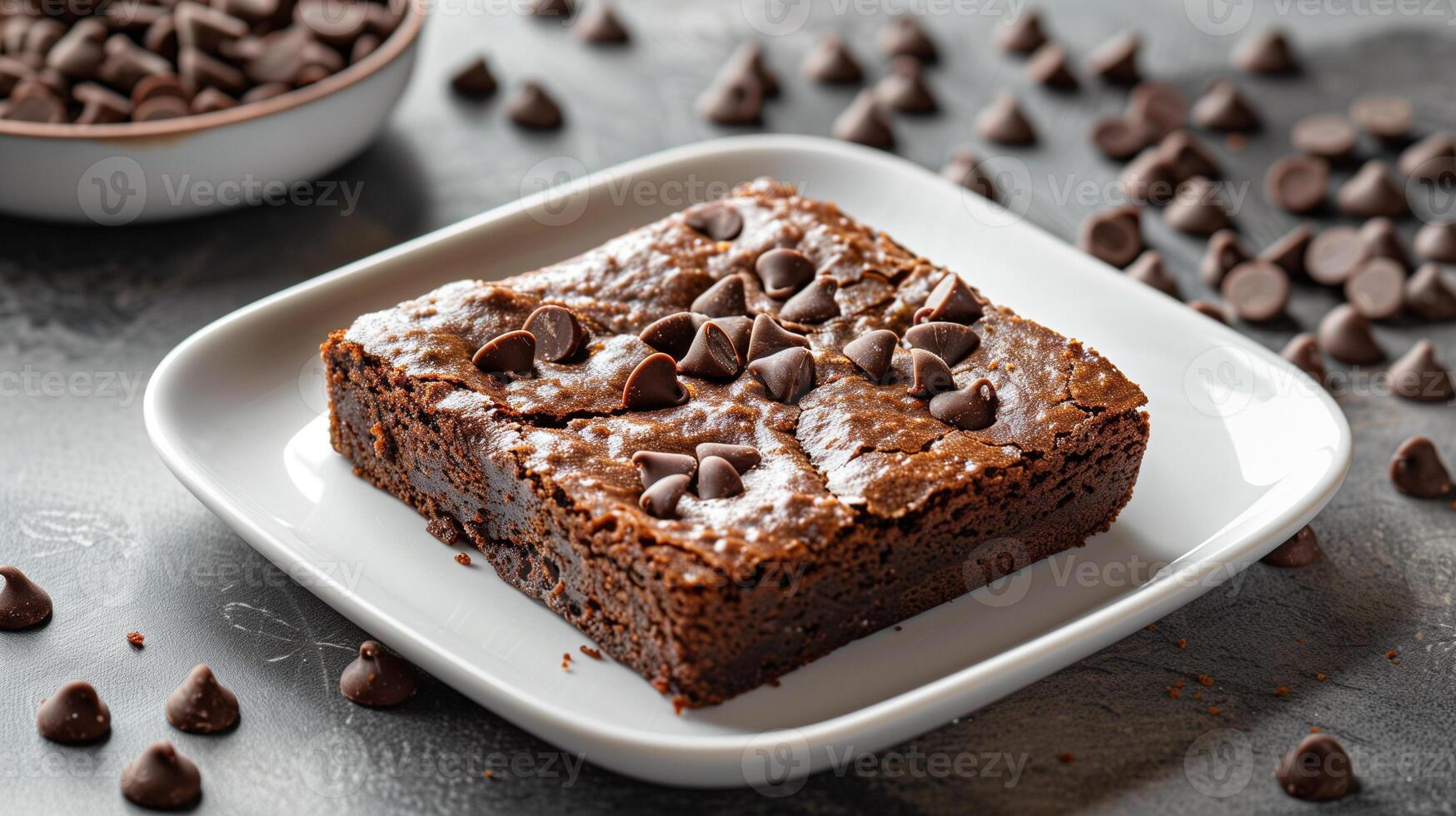 Square brownie on a white plate with visible chocolate chips on the top surface, culinary photography photo