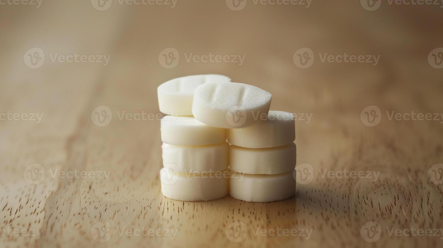 Stack of white mints arranged in a single layer on a smooth, light wooden surface, culinary photography photo