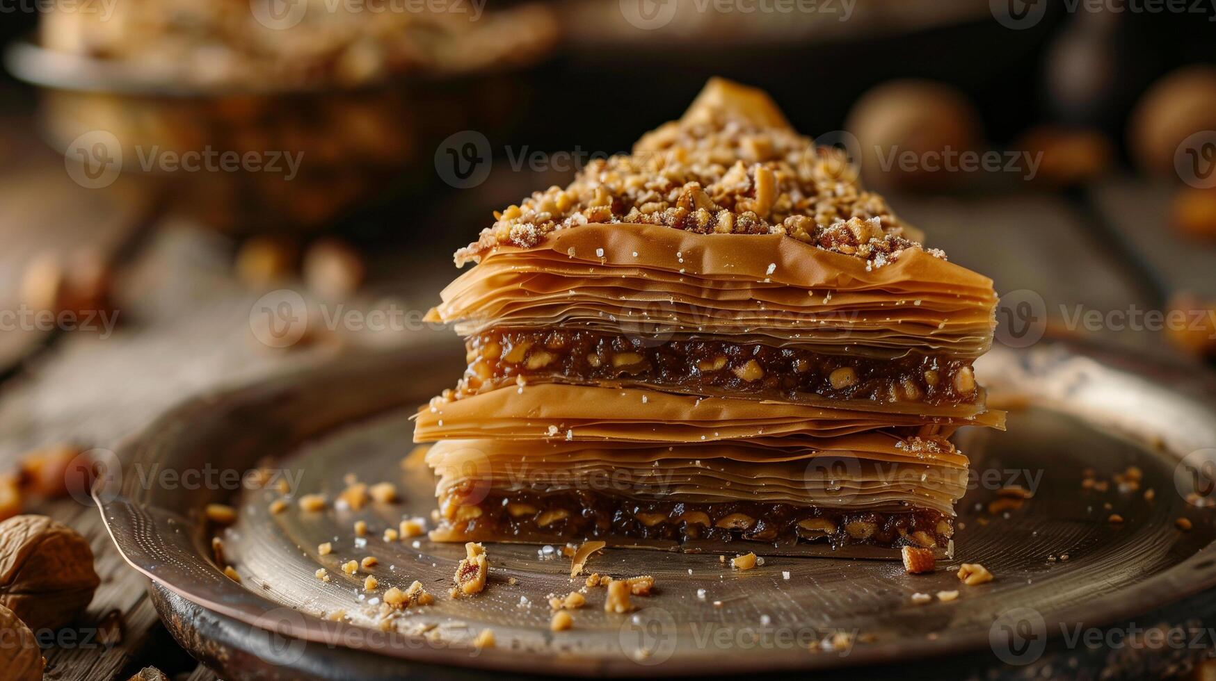 Stack of triangular baklava pieces with thin pastry layers and crushed nut filling, food photography photo